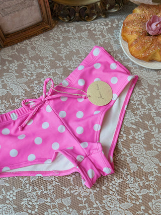 Hot Pink Polka Dot Lace Bowknot Bralette Cheeky Boyshorts Bikini Set