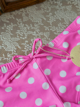Hot Pink Polka Dot Lace Bowknot Halter Triangle Cheeky Boyshorts Bikini Set