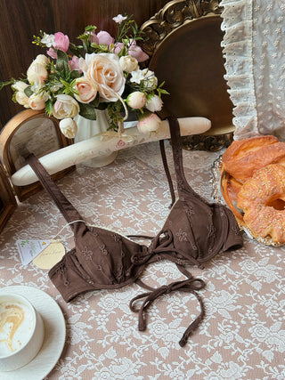 Deep Coffee Recycled Fabric Jacquard Lace Bowknot Underwire Bikini Set