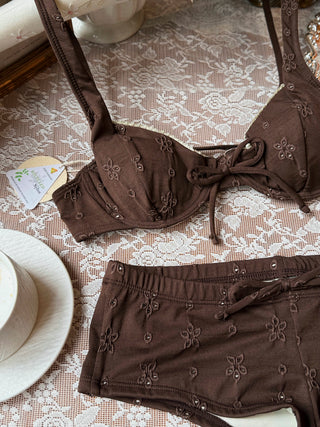 Deep Coffee Recycled Fabric Jacquard Lace Bowknot Underwire Cheeky Boyshorts Bikini Set