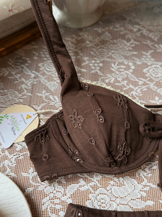 Deep Coffee Recycled Fabric Jacquard Lace Bowknot Underwire Cheeky Boyshorts Bikini Set