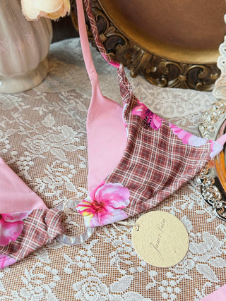 Coffee Plaid Floral Hibiscus Print O Ring Double Layer Top & Cheeky Boyshorts Bikini Set