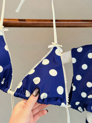 Deep Blue Polka Dot Lace Bowknot Triangle Cheeky Boyshorts Bikini Set