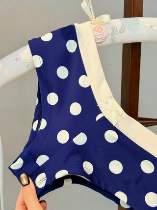 Deep Blue Polka Dot Lace Bowknot Triangle Cheeky Boyshorts Bikini Set
