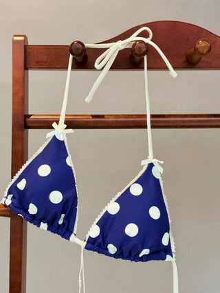 Deep Blue Polka Dot Lace Bowknot Triangle Cheeky Boyshorts Bikini Set