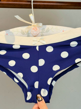 Deep Blue Polka Dot Lace Bowknot Triangle Cheeky Boyshorts Bikini Set
