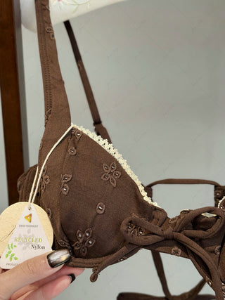 Deep Coffee Recycled Fabric Jacquard Lace Bowknot Underwire Bikini Set
