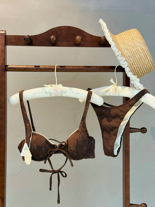 Deep Coffee Recycled Fabric Jacquard Lace Bowknot Underwire Bikini Set