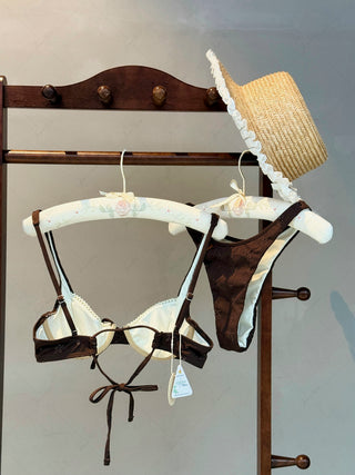 Deep Coffee Recycled Fabric Jacquard Lace Bowknot Underwire Bikini Set