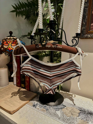 Deep Coffee Striped Cutout Tie Side Bikini Bottom Cheeky Swim Boyshorts