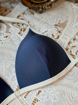 Deep Blue Contrast Binding Triangle Push Up Cheeky Boyshorts Bikini Set