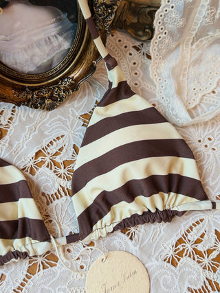 Coffee Striped Polka Dot Halter Triangle Reversible Top & Cheeky Boyshorts Bikini Set