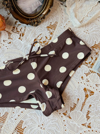 Coffee Striped Polka Dot Halter Triangle Reversible Top & Cheeky Boyshorts Bikini Set
