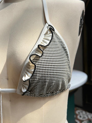 Crystal Cream Metallic Gold Yarn Knitted Fabric Ruffles Halter Triangle Bikini Set