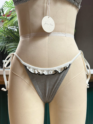 Crystal Cream Metallic Gold Yarn Knitted Fabric Ruffles Halter Triangle Bikini Set