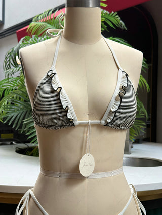 Crystal Cream Metallic Gold Yarn Knitted Fabric Ruffles Halter Triangle Bikini Set