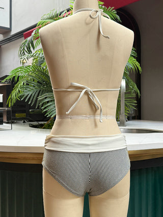 Crystal Cream Metallic Gold Yarn Knitted Fabric Ruffles Cheeky Boyshorts Bikini Set