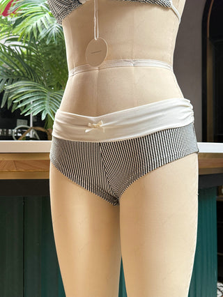 Crystal Cream Metallic Gold Yarn Knitted Fabric Ruffles Cheeky Boyshorts Bikini Set