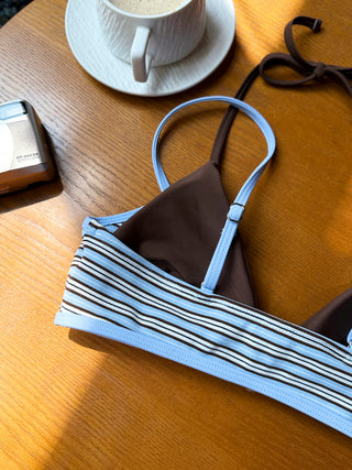 Powder Blue Contrast Binding Ribbed Knit Striped Double Layer Bikini Top