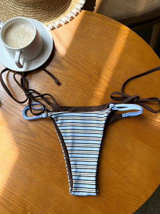 Powder Blue Ribbed Knit Striped String Double Layer Bikini Bottom