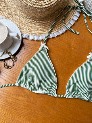 Green Striped Lace Bowknot Halter Triangle Cheeky Bikini Set