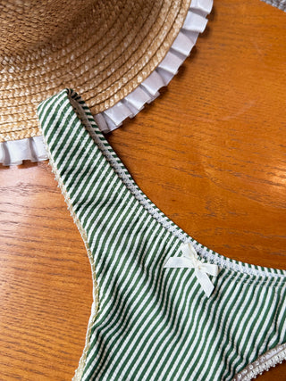 Green Striped Lace Bowknot Cheeky Bikini Bottom