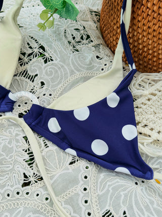 Deep Blue Polka Dot Print O Ring Double Layer Bikini Top