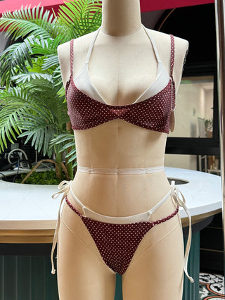 Brown Polka Dot Print Tie Side Double Layer Bikini Set