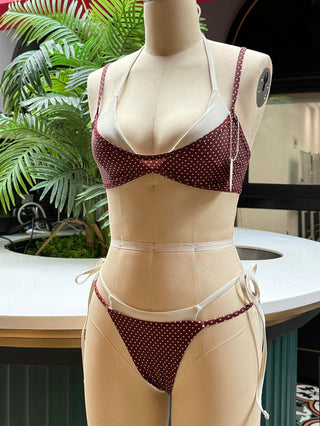 Brown Polka Dot Print Tie Side Double Layer Bikini Set