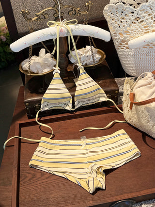 Yellow Striped Bowknot Halter Triangle Cheeky Boyshorts Bikini Set