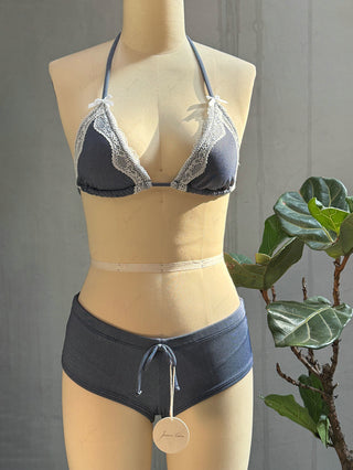 Deep Blue Denim Lace Bowknot Halter Triangle Bikini Top & Low Rise Cheeky Boyshorts Set