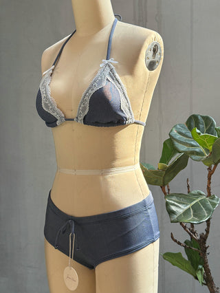 Deep Blue Denim Lace Bowknot Halter Triangle Bikini Top & Low Rise Cheeky Boyshorts Set