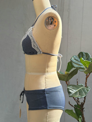 Deep Blue Denim Lace Bowknot Halter Triangle Bikini Top & Low Rise Cheeky Boyshorts Set