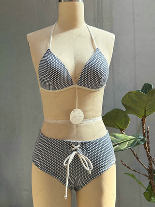Deep Blue Polka Dot Print Triangle Push Up Top & Cheeky Boyshort Bikini Set