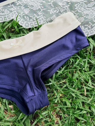 Deep Blue Contrast Binding Triangle Push Up Cheeky Boyshorts Bikini Set