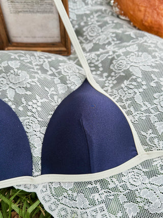 Deep Blue Contrast Binding Triangle Push Up Cheeky Boyshorts Bikini Set