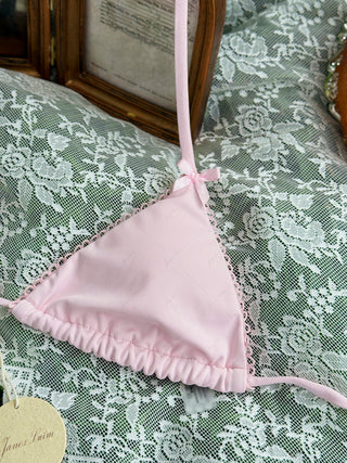 Pink Solid Color Picot Bowknot Triangle Top & Cheeky Brazilian Bottom Bikini Set