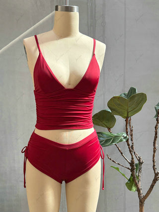 Red Wine Solid Color Ruched Plunging Neck Cinched Cheeky Boyshorts Tankini Set