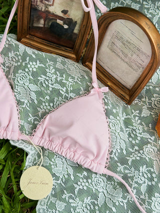 Pink Solid Color Picot Bowknot Triangle Top & Cheeky Brazilian Bottom Bikini Set