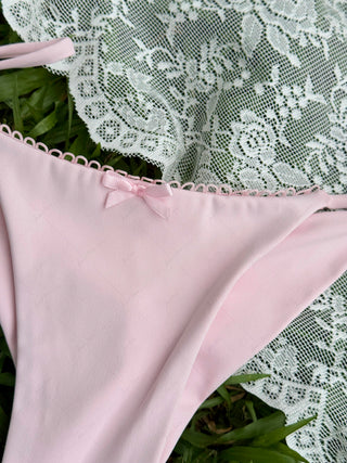 Pink Solid Color Picot Bowknot Triangle Top & Cheeky Brazilian Bottom Bikini Set