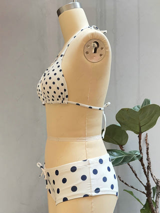 Crystal Cream Vintage Polka Dot Reversible Halter Triangle Bikini Set