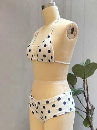 Crystal Cream Vintage Polka Dot Reversible Halter Triangle Bikini Set