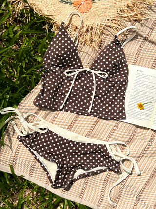 Deep Coffee Polka Dot Bowknot Cami Tank Top & Cheeky Boyshorts Tankini Set