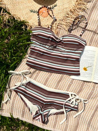 Deep Coffee Ribbed Striped Cutout Tie Side Cheeky Boyshorts Tankini Set