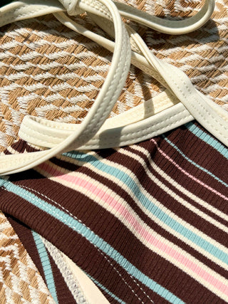 Deep Coffee Ribbed Striped Cutout Tie Side Cheeky Boyshorts Tankini Set