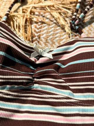 Deep Coffee Ribbed Striped Cutout Tie Side Cheeky Boyshorts Tankini Set