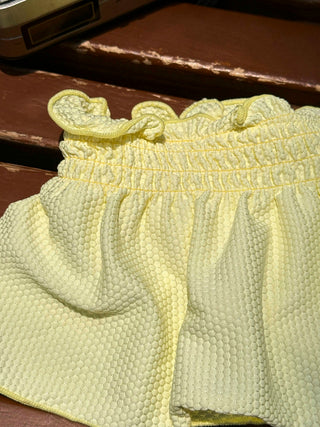 Light Yellow Textured Knit Fabric Lace Bowknot Underwire Skirtini Bikini Set