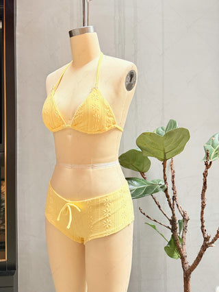 Yellow Floral Jacquard Textured Lace Bowknot Triangle Bikini Set