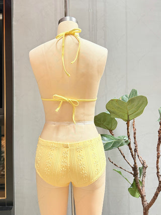 Yellow Floral Jacquard Textured Lace Bowknot Triangle Bikini Set