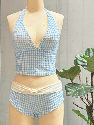 Light Blue Grid Textured Plunging Neck Halter Foldover Cheeky Boyshorts Tankini Set